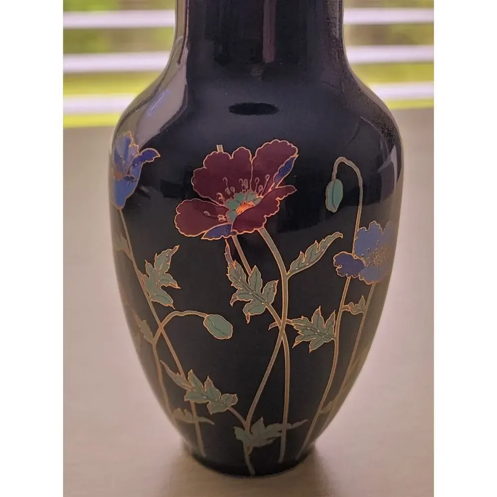 Japanese Black Floral Vase Gold Trim Poppy Design 6